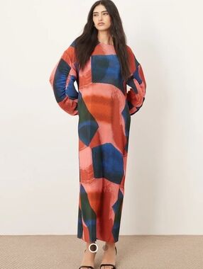 ARRANGE plisse balloon sleeve maxi dress in abstract print-Multi ARRANGE plisse balloon sleeve maxi dress in abstract print-Multi